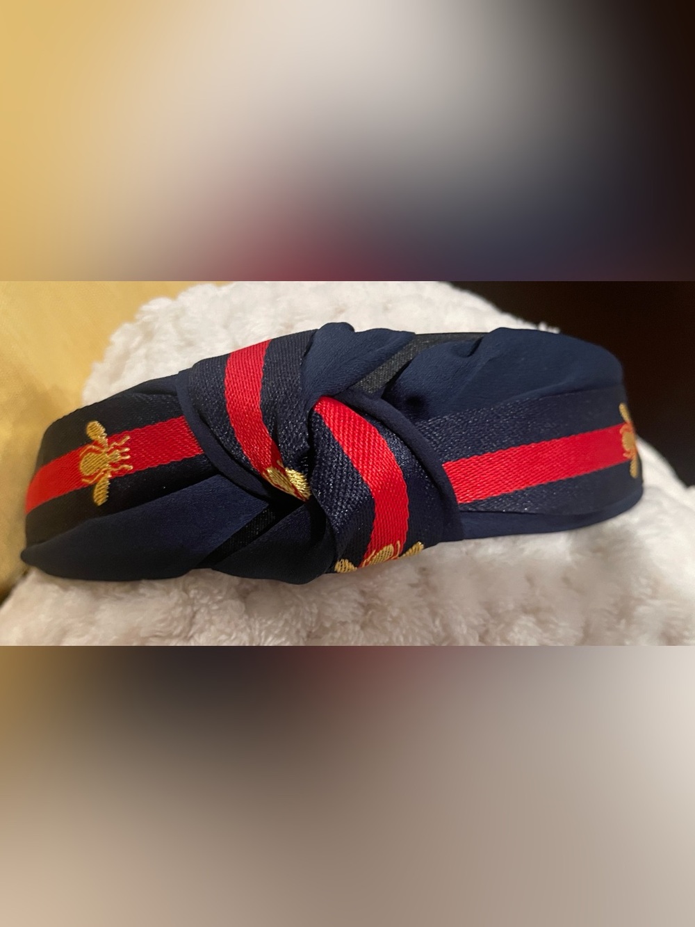 Bee 🐝 adorned Navy Twist Headband with Red Stripe and Gold Bee Embroidery NWOT